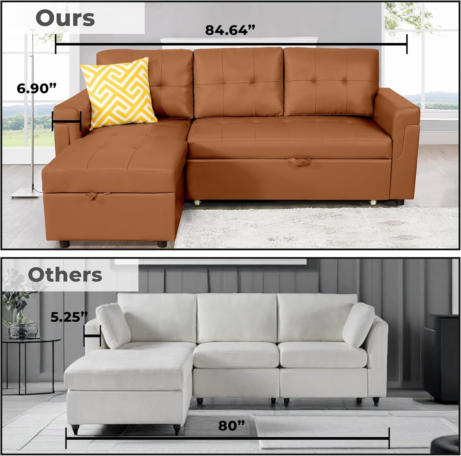 Caramel Air Leather Tufted L-Shape Sleeper Sofa Storage-3
