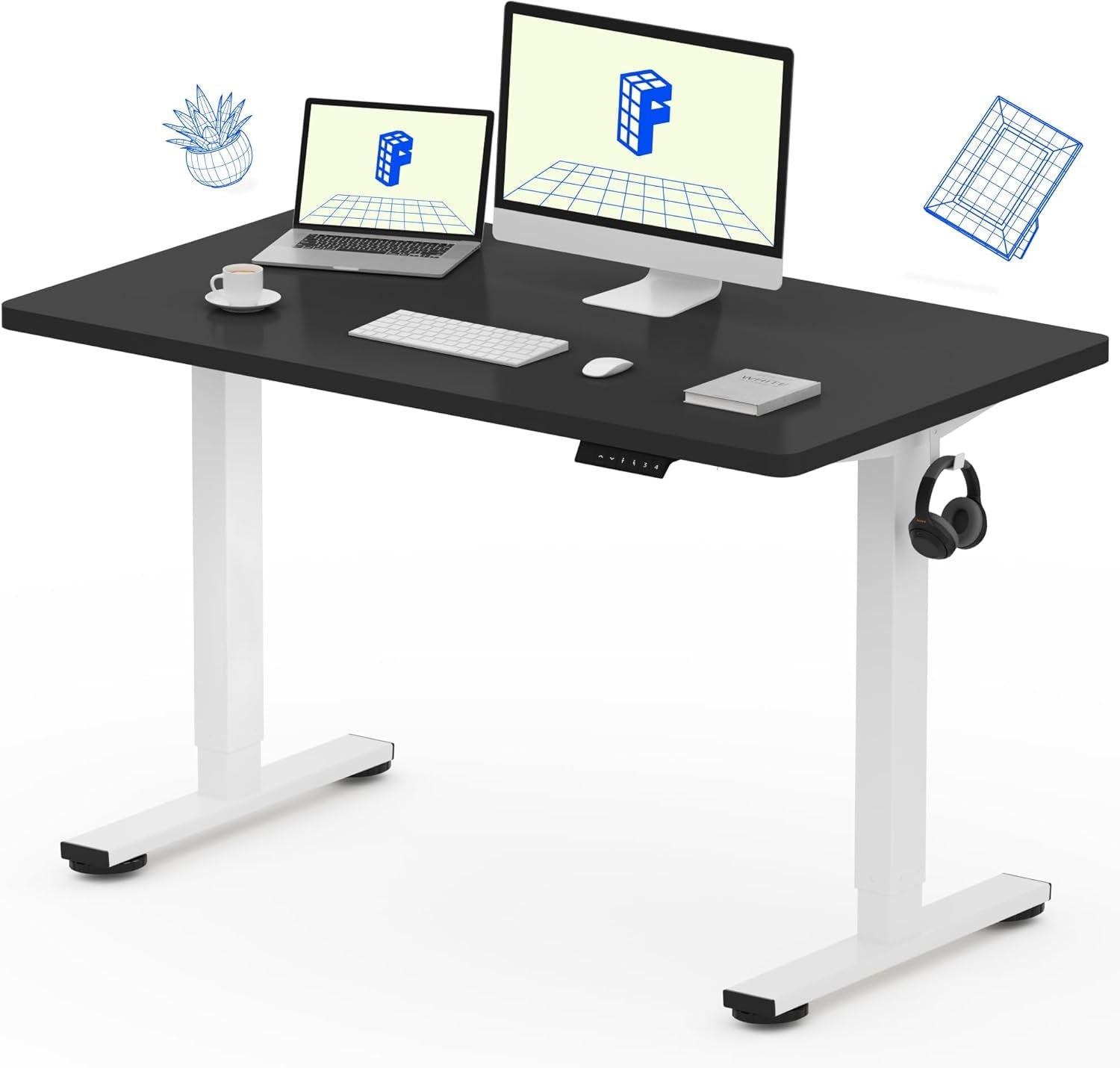 EN1 One Piece Standing Desk, 48 X 24 Inch Desktop Electric Adjustable Height Desk Home Office Computer Workstation Sit Stand up Desk (White Frame + Black Top, 2 Packages)-0