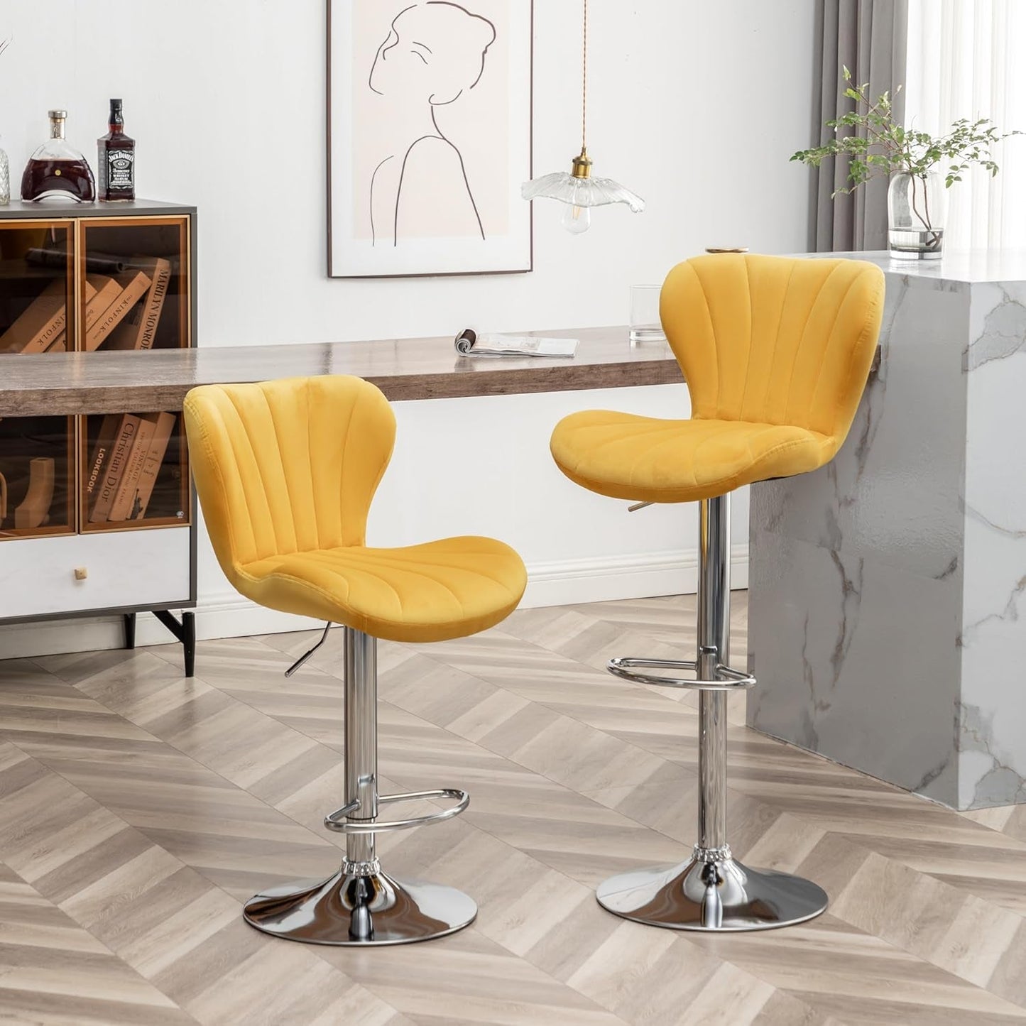 Ellston Velvet Adjustable Swivel Barstools in Yellow, Set of 2-0