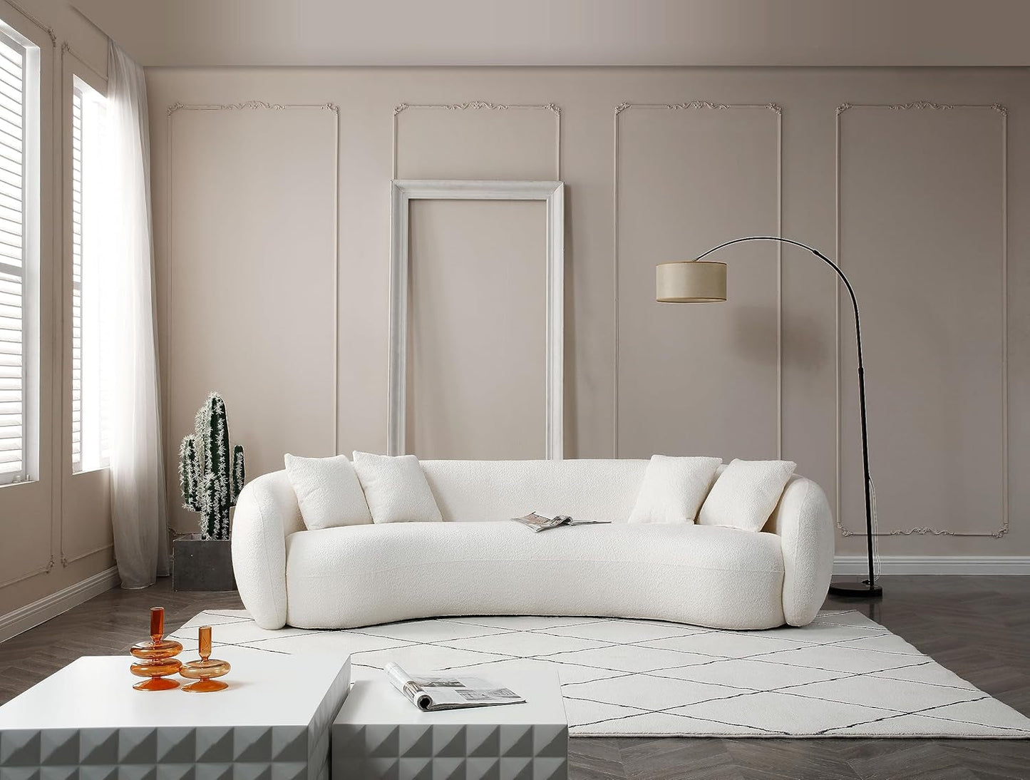 Minimalist Curved Sofa Set,Mid-Century 5 Seat Teddy Fleece Boucle Couch with 4 Throw Pillows, Oversized Cloud Sofa & Couches Decor Furniture for Living Room-0