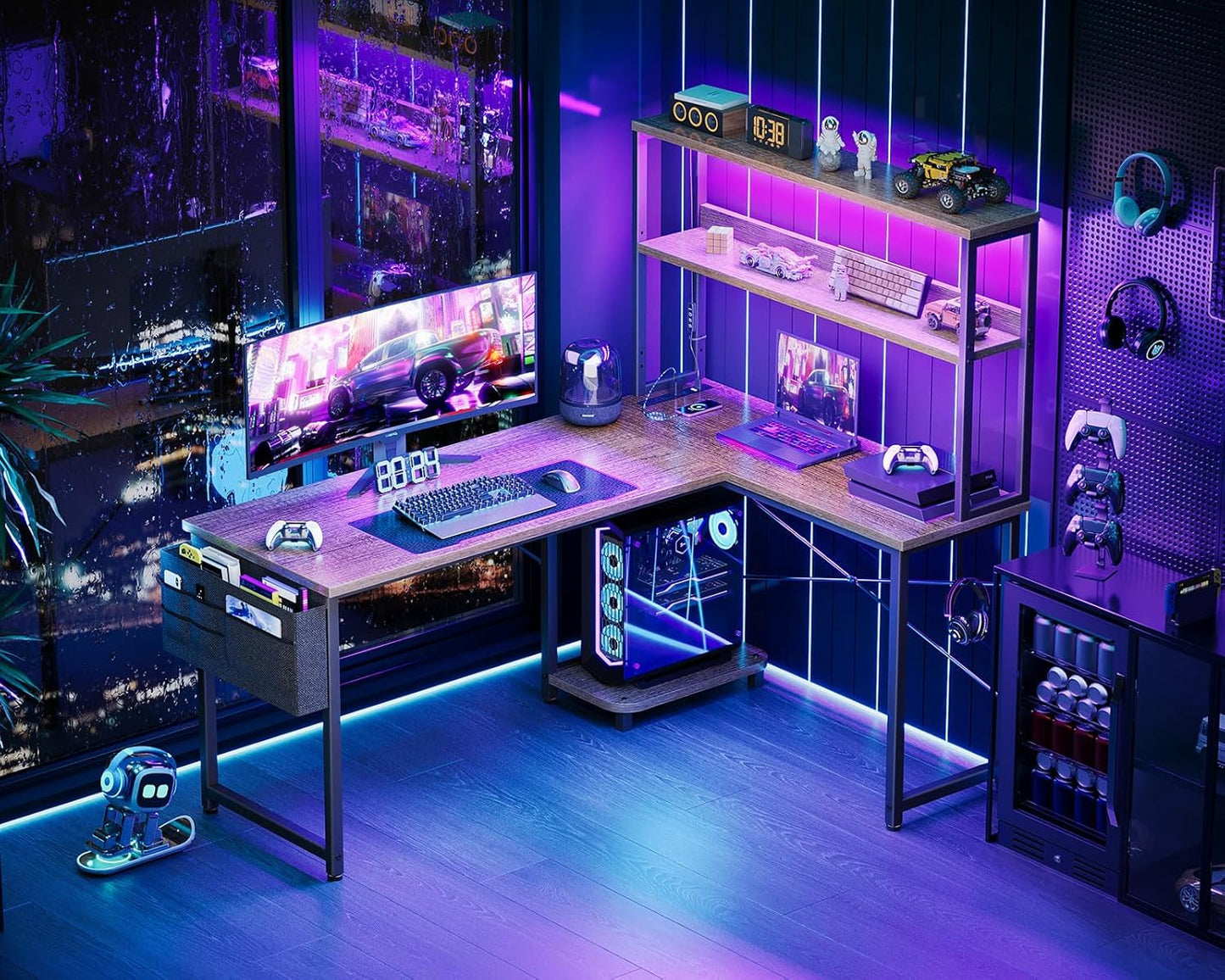 L Shaped Desk Gaming Desk with LED Light & Power Outlet, 53 Inch Reversible L Shaped Computer Desk with Shelf, Corner Desk with Storage Bag&Hook for Home Office Desk, Grey Oak-1