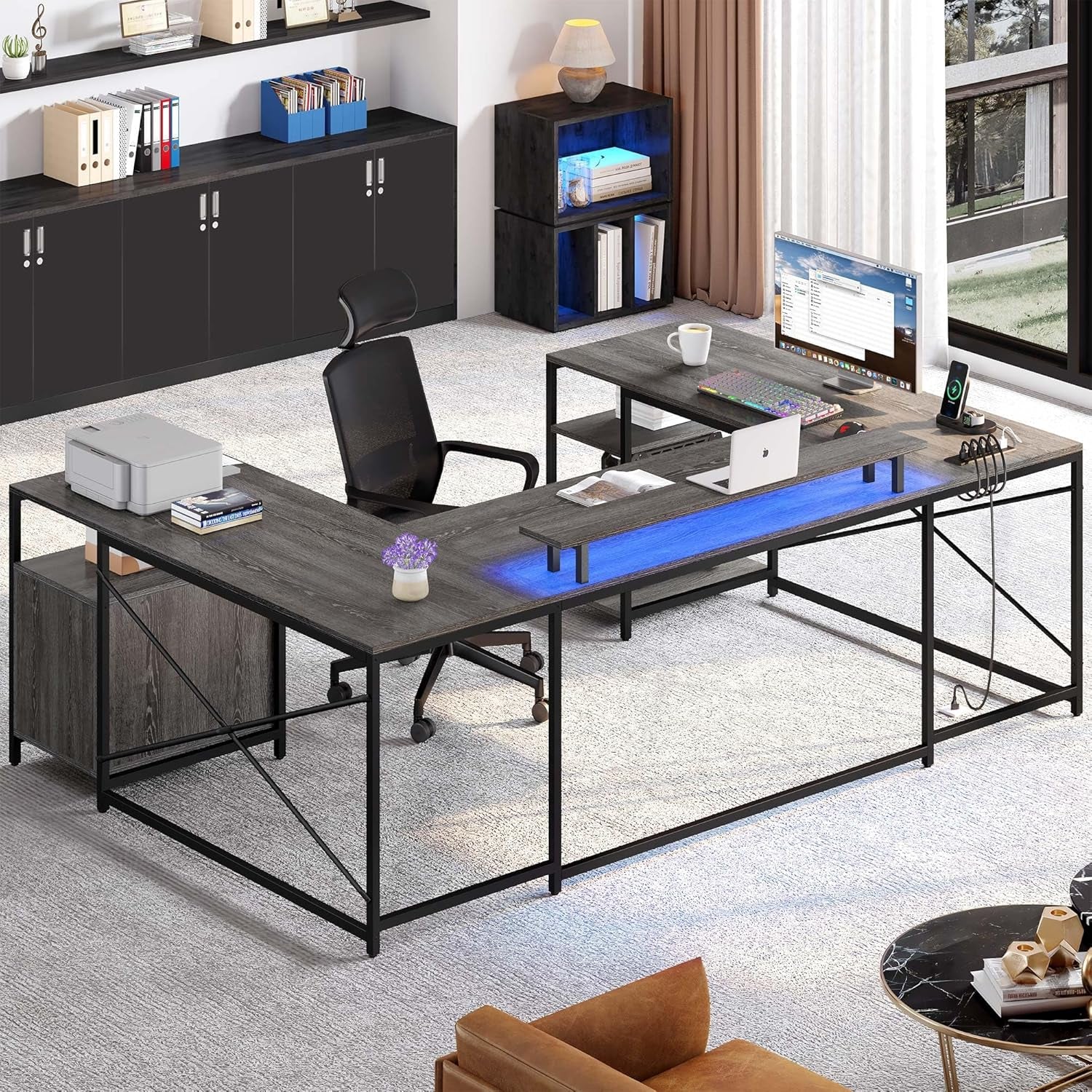 U Shaped Desk with Power Outlets & LED Lights, 79" Reversible L Shaped Desk with Drawers, Corner Computer Desk Office Desk with Monitor Stand & Storage Shelves, Grey-2