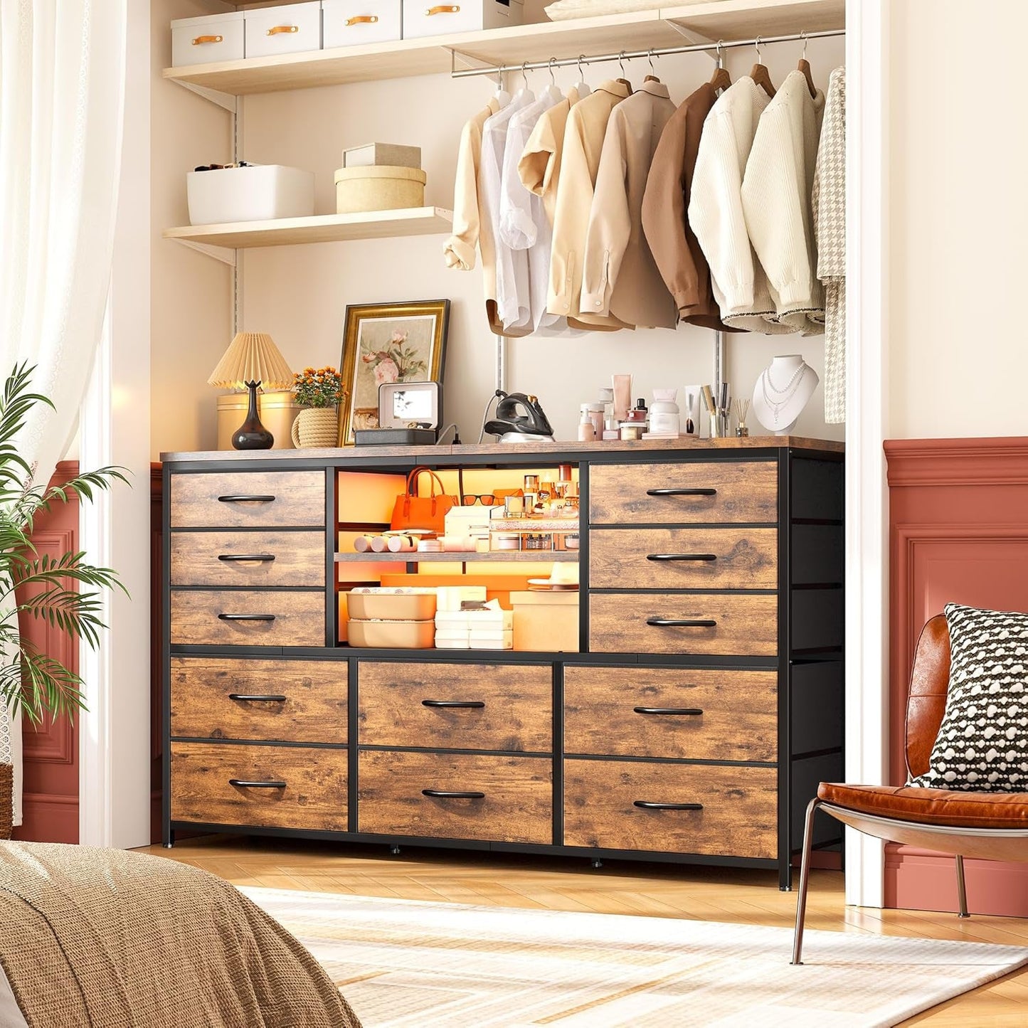 Dresser with LED Lights & Power Outlets, 12 Drawers Dresser TV Stand for 60''TV for Bedroom Dresser Fabric Dressers & Chest of Drawers, Sturdy Long Dresser for Closet Living Room,Hallway-1