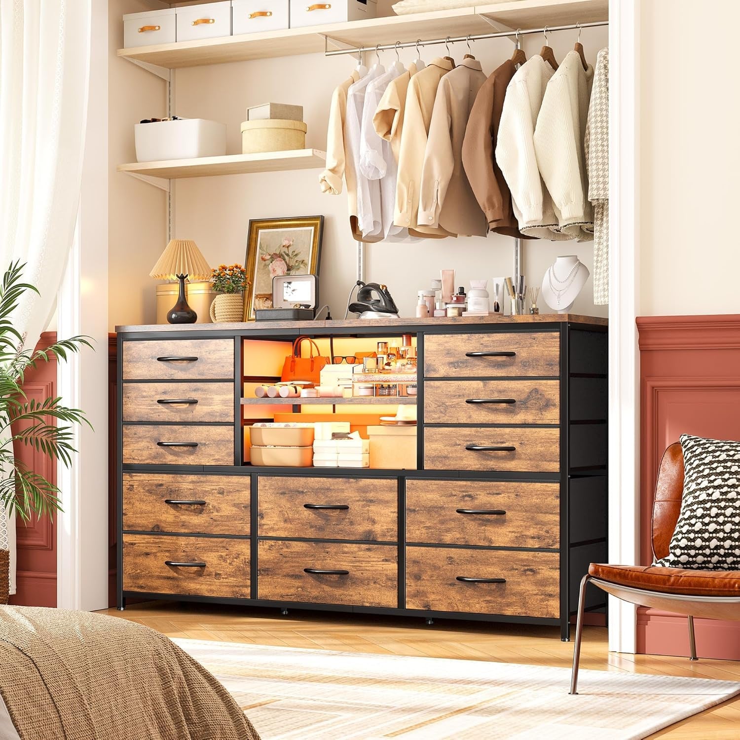 Dresser with LED Lights & Power Outlets, 12 Drawers Dresser TV Stand for 60''TV for Bedroom Dresser Fabric Dressers & Chest of Drawers, Sturdy Long Dresser for Closet Living Room,Hallway-1