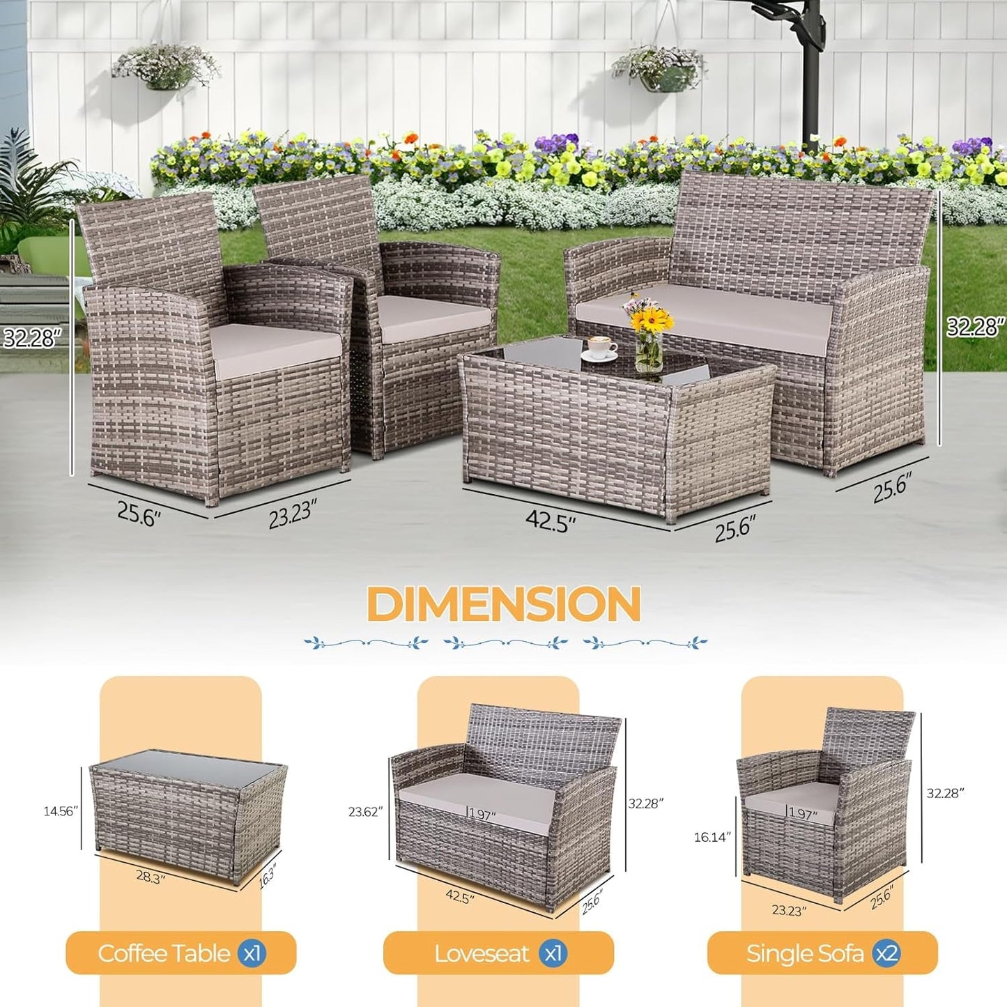 4 Piece Outdoor Patio Furniture Sets, Wicker Sectional Conversation Sofa Set, Rattan Table and Chairs and Loveseat with Cushions for outside Balcony Porch Backyard (Gray-Gray)-2
