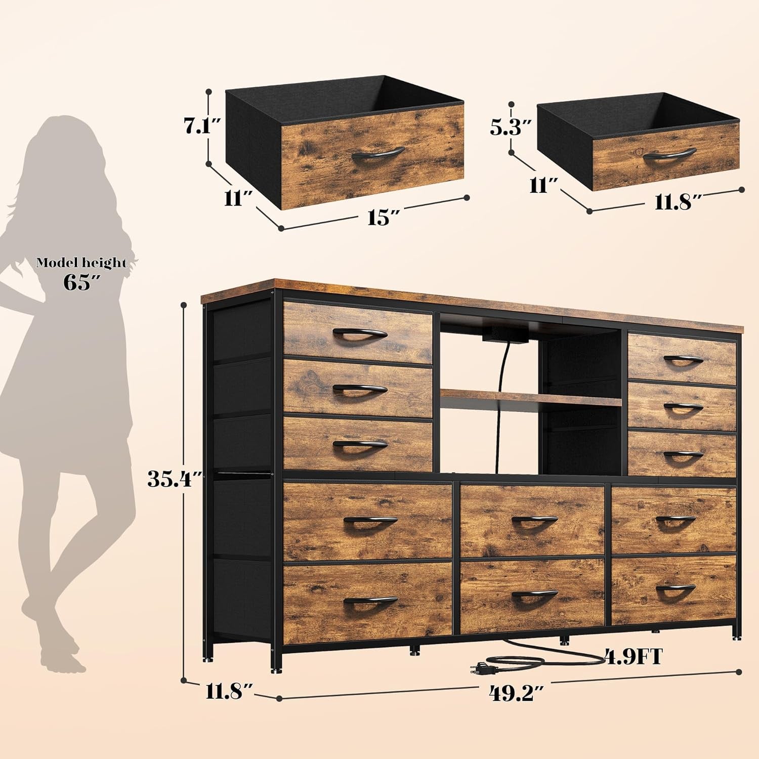 Dresser with LED Lights & Power Outlets, 12 Drawers Dresser TV Stand for 60''TV for Bedroom Dresser Fabric Dressers & Chest of Drawers, Sturdy Long Dresser for Closet Living Room,Hallway-2