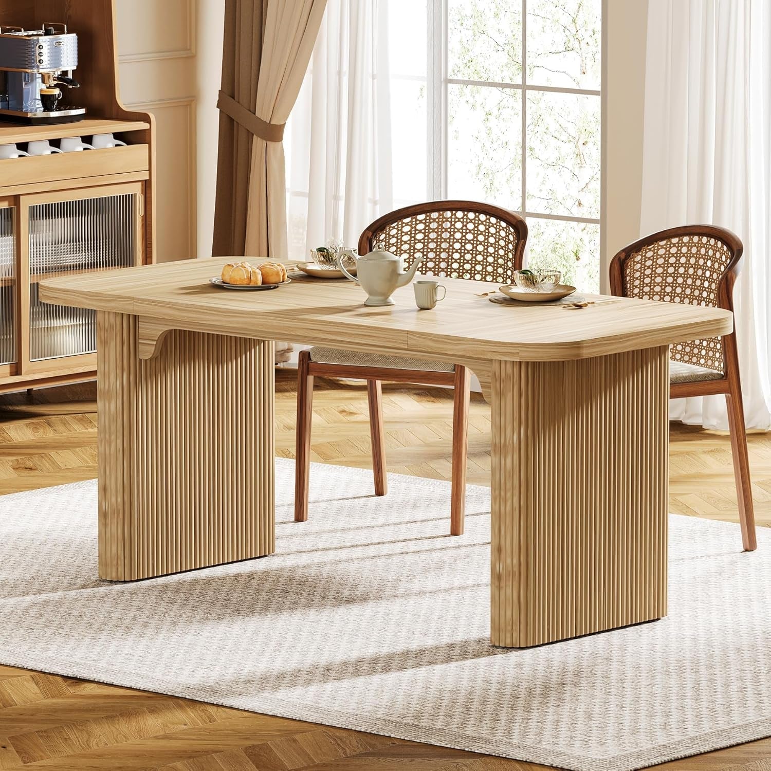 Farmhouse Dining Table for 4-6 People, 62-Inch Modern Kitchen Table with Double Robust Pedestal, Long Rectangular Wooden Dinner Table for Dining Room (Only Table) (Natural)-0
