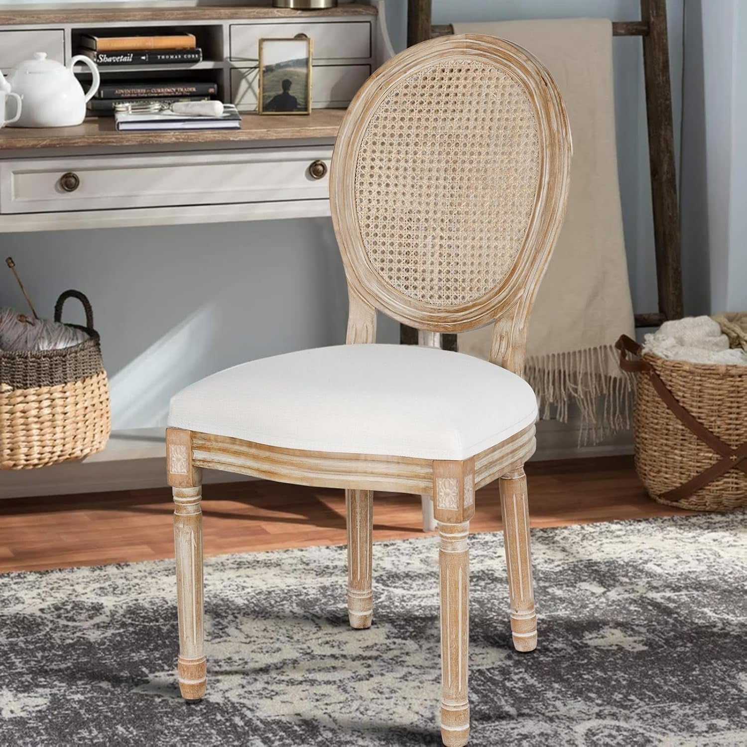 Dining Chairs Set of 2 Beige Rattan round Back with Solid Wood Legs and Frame for French Country Kitchen Dining Room-1