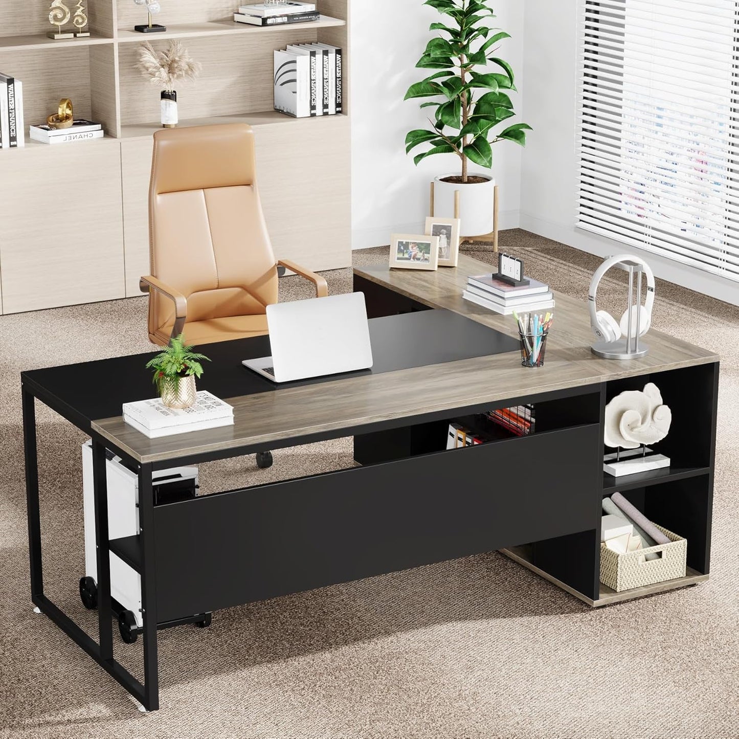 71 Inch Executive Desk, L Shaped Desk with Cabinet Storage, Executive Office Desk with Shelves, Business Furniture Desk Workstation for Home Office, Gray-4