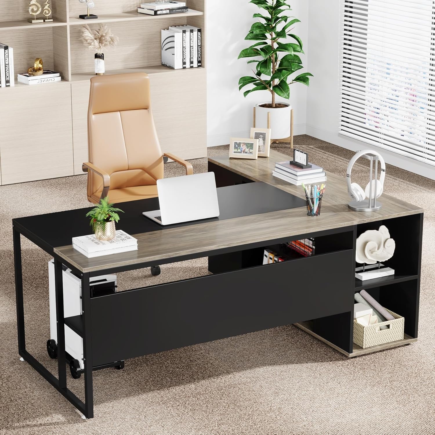 71 Inch Executive Desk, L Shaped Desk with Cabinet Storage, Executive Office Desk with Shelves, Business Furniture Desk Workstation for Home Office, Gray-4
