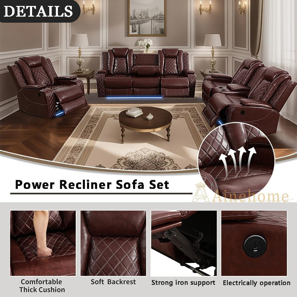 Luxury Living Room Furniture Sets Power Recliner Sectional Sofa Recliner Couch Set Recliner Leather Couch and Recliner Set Loveseat Chair for House/Office/Theater Seating(A-Brown)-3
