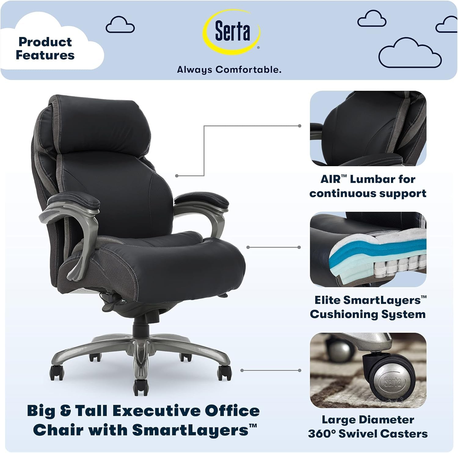 Jackson Big and Tall Executive Office Chair with AIR Technology and Smart Layers Premium Elite Foam, Supports up to 350 Pounds, Bonded Leather, Black-3