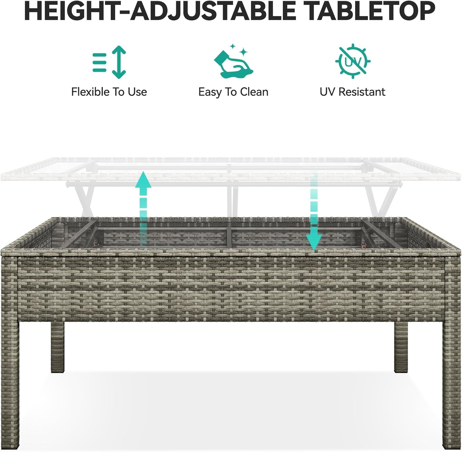 L-Shaped Outdoor Sectional Sofa Set with Adjustable Lift-Top Dining Table, All-Weather Wicker Patio Furniture, Ottoman & Tempered Glass Top, Gray Gradient-4