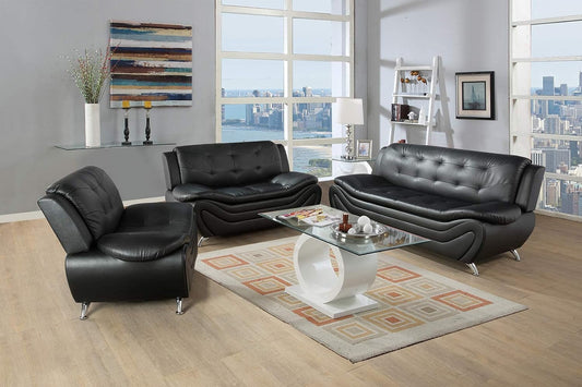 3 PCS Faux Leather Aldo Modern Sofa Set, Living Room Set with Sofa, Loveseat and Chair (Black)-0