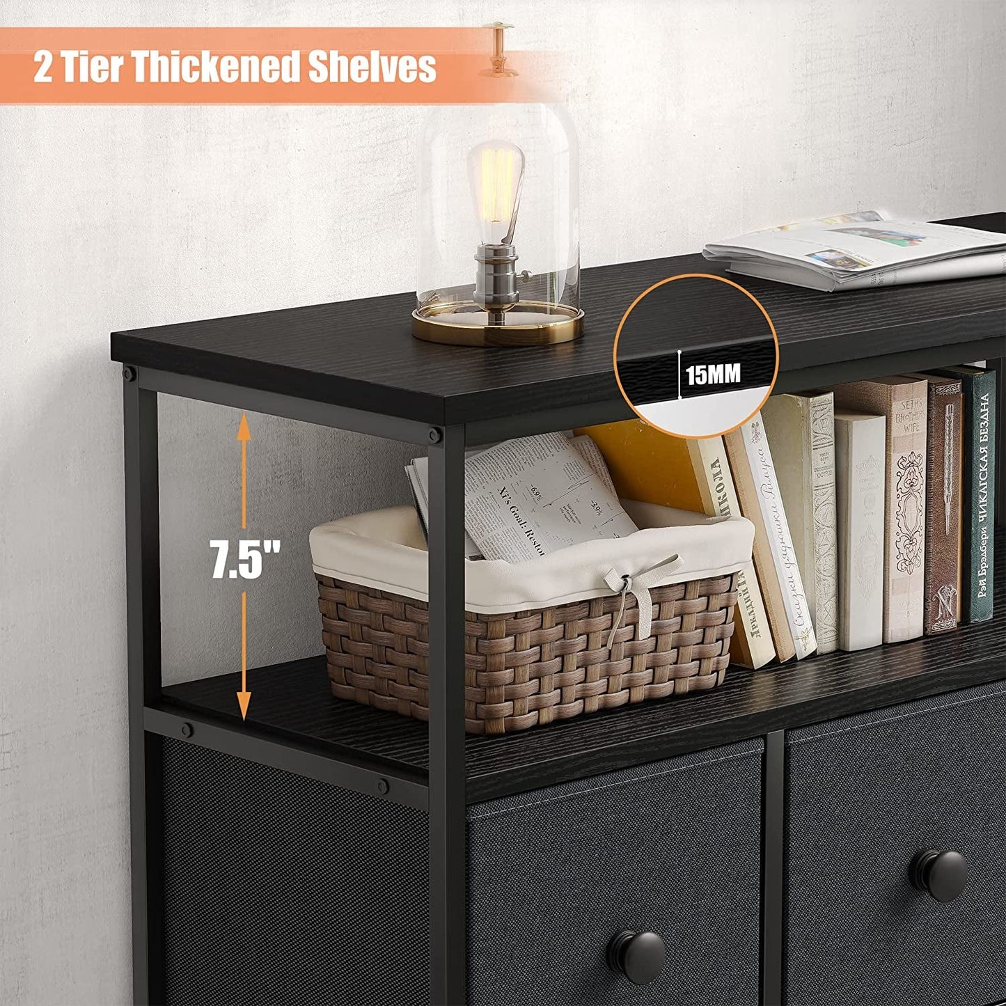 Black Grey Tall Dresser with Shelves for Bedroom & Nursery-1
