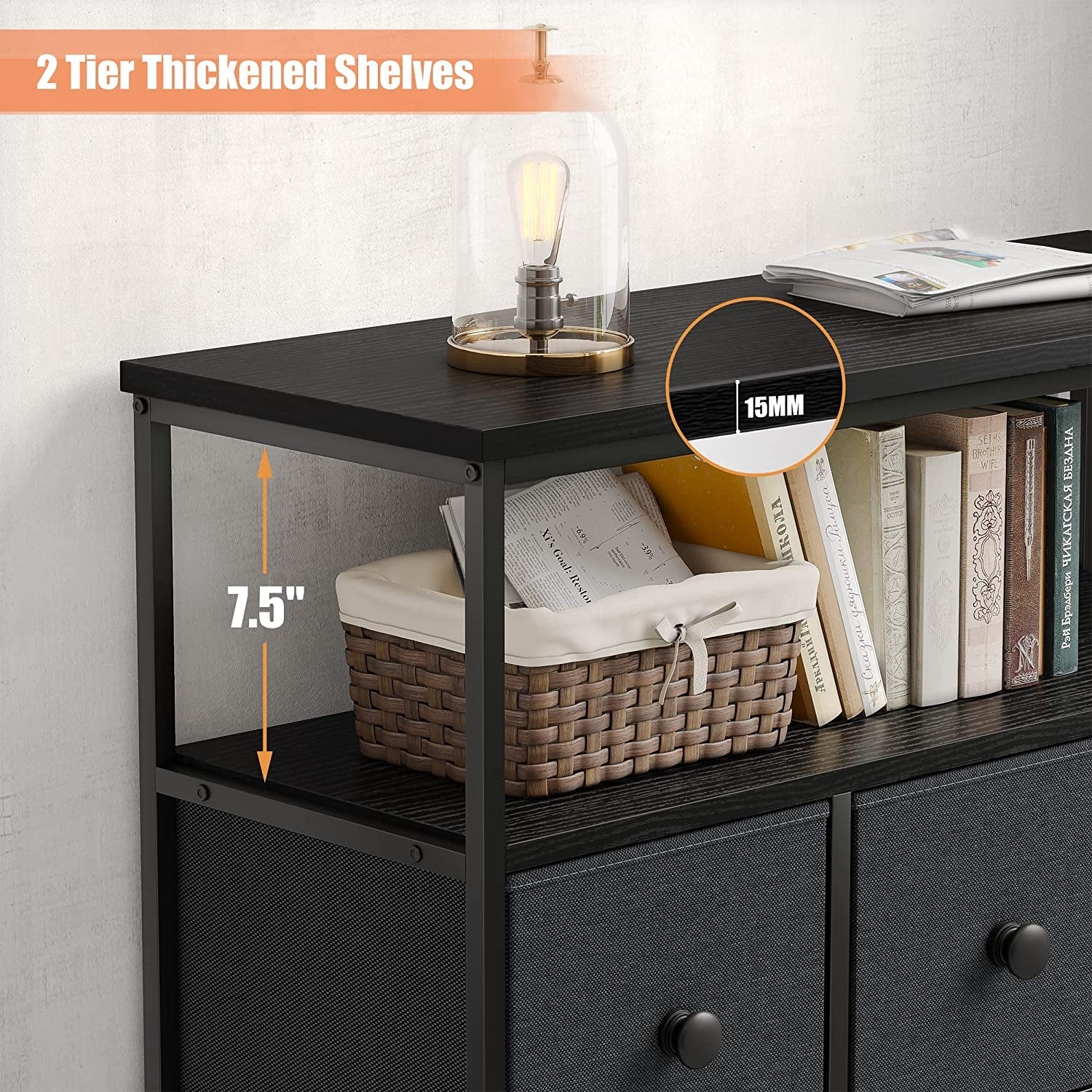 Black Grey Tall Dresser with Shelves for Bedroom & Nursery-1