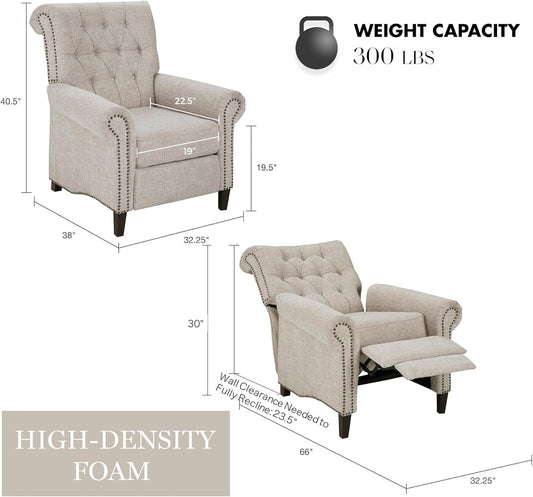 Aidan Recliner Chair - Solid Wood, Plywood, Roled Back Button Tufted Accent Armchair Modern Classic Style Family Room Sofa Furniture, Cream-1