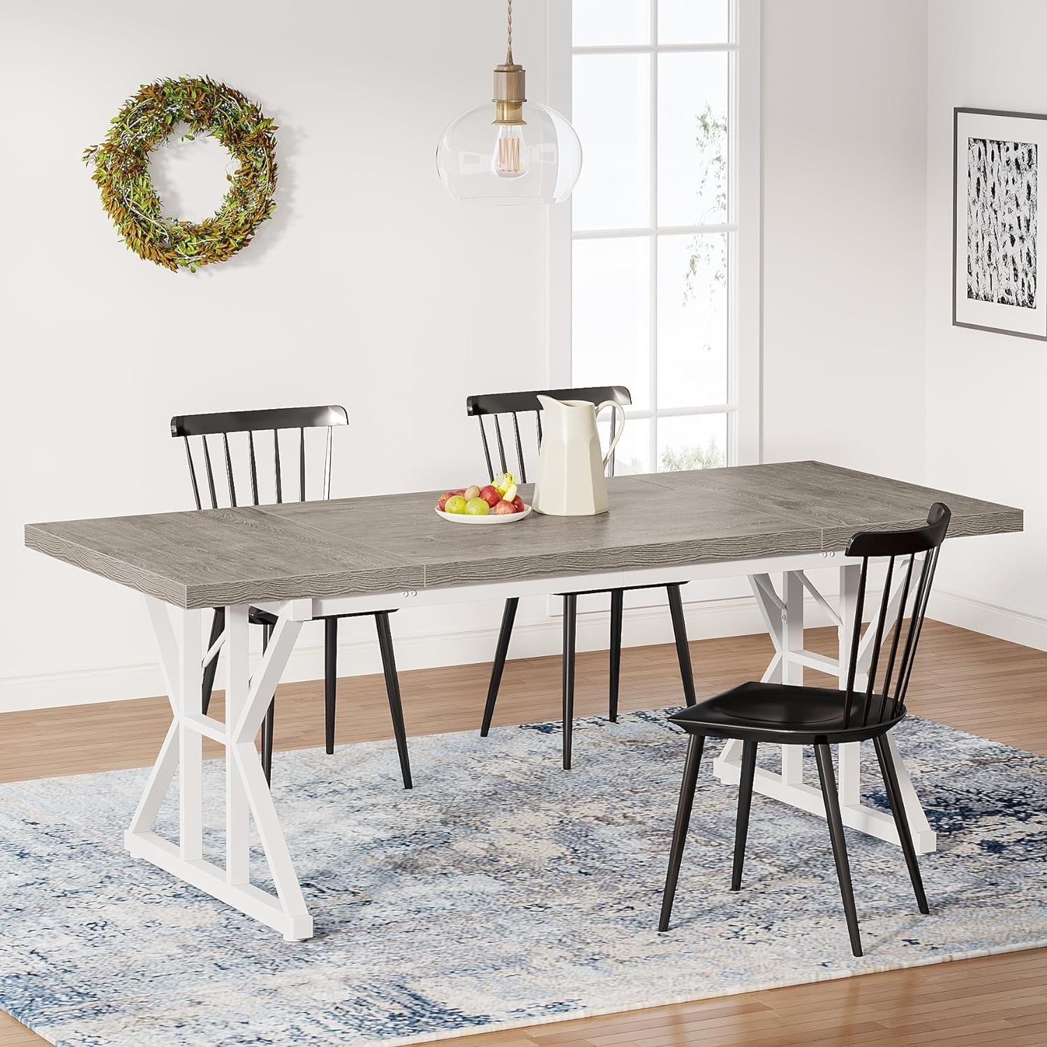 Farmhouse Dining Table for 6 People, 70.8-Inch Rectangular Wood Dining Table, Rustic Kitchen Table with Heavy Duty Metal Legs for Dining Room(Grey)-0