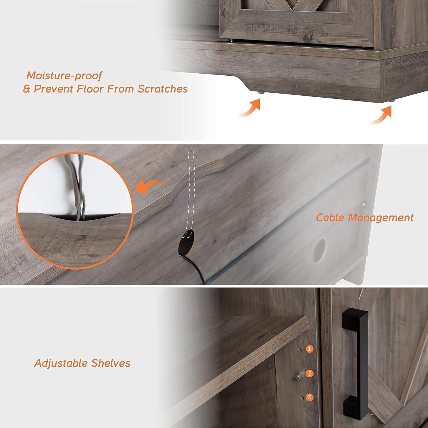 Farmhouse Sliding Barn Door TV Stand for Tvs up to 65 Inch, Modern Storage Entertainment Center, Wood Media Console Table Cabinet 3-Level Adjustable Shelf for Living Room, Wash Grey-4