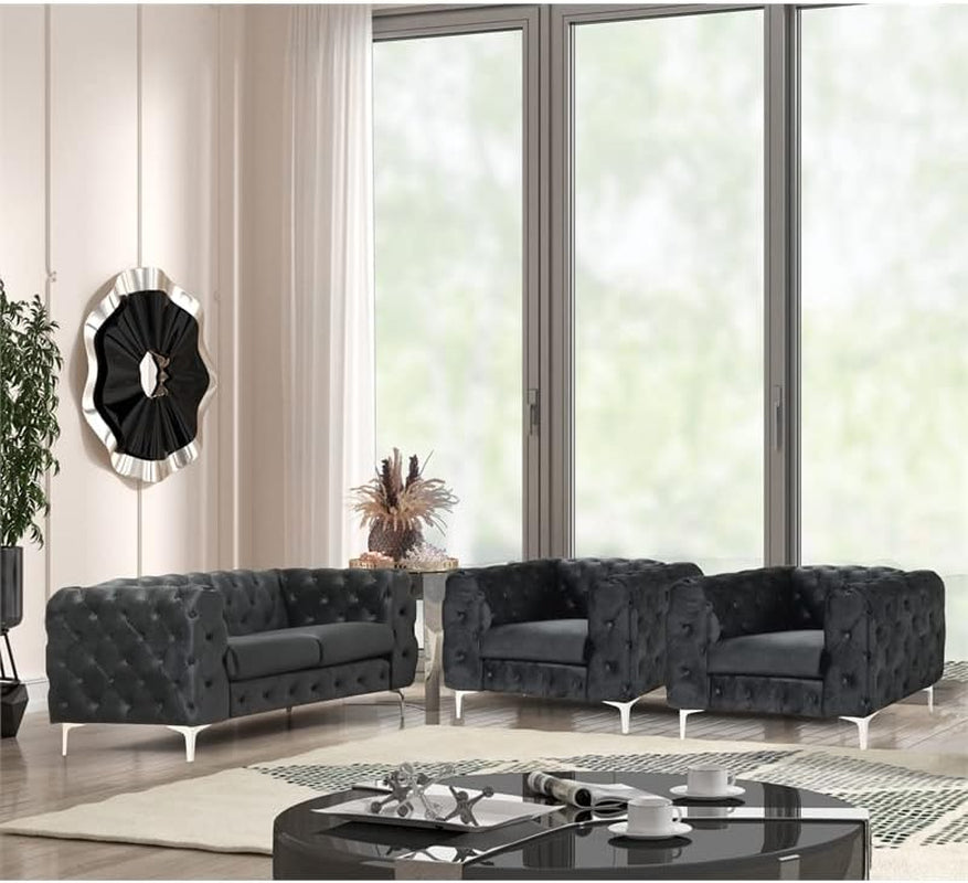 3-Piece Couches Velvet Fabric Living Room Furniture Set -Black-1