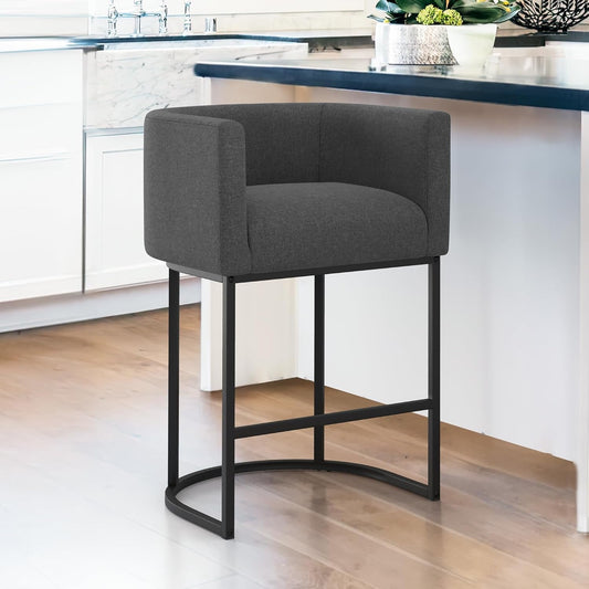 27" H Counter Height Bar Stools, Modern Barrel Counter Stools with Backrest and Arms, Black Metal Frames, Linen Fabric Upholstered Accent Barstools for Kitchen Island, Carbon Gray-0