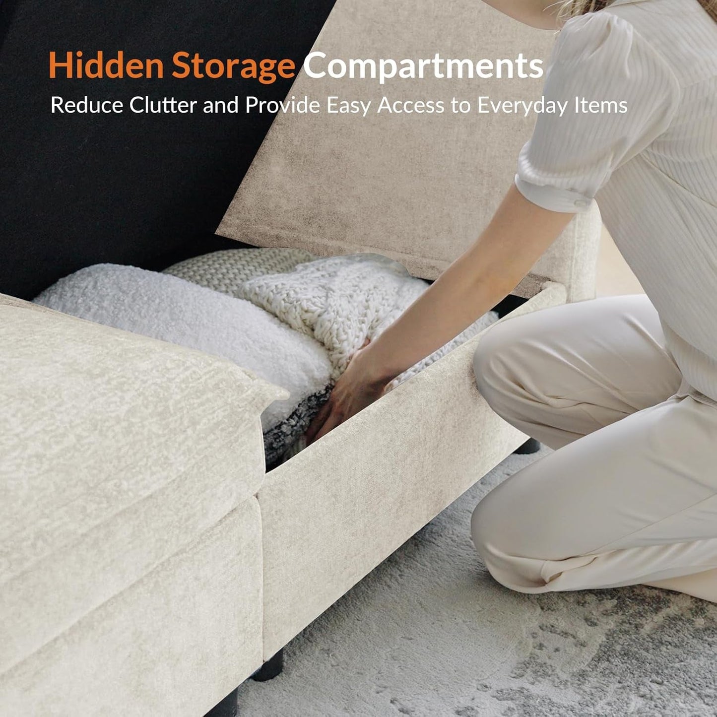 127'' Modular Sectional Sofa, Oversized U Shaped Couch with Storage Ottoman, Extra Deep Seat, Modern Comfy Chenille Sofa with Chaise, 6 Seat Convertible Couches for Living Room, Beige-4