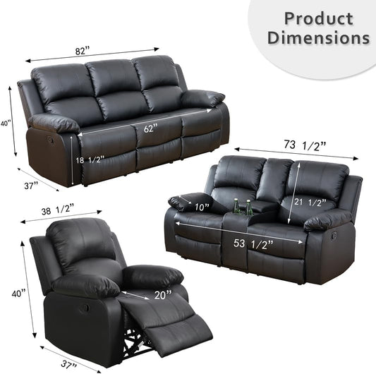 Bonded Leather Reclining Sofa Set with Cup Holders and Storage Console-1