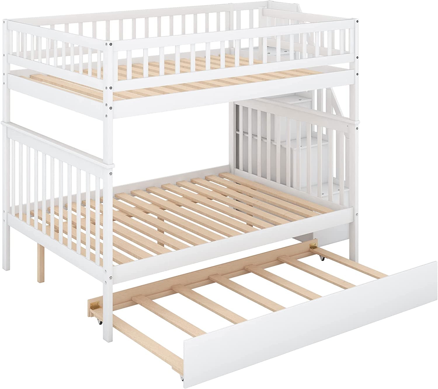 White Full Bunk Bed with Trundle, Staircase, and Bookcase-1