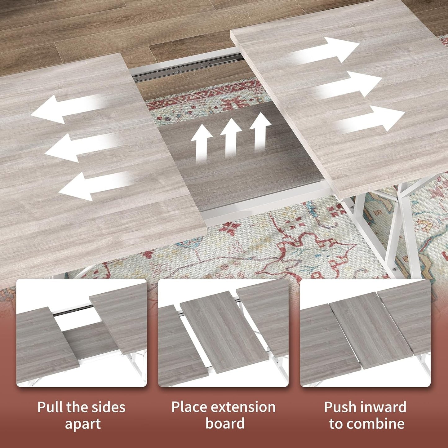 63"-47" Expandable Dining Table for 4-6 People, Farmhouse Extendable Dining Room Table with Heavy Duty Metal Trestle Base, Rectangle Kitchen Table, Distressed Gray-4