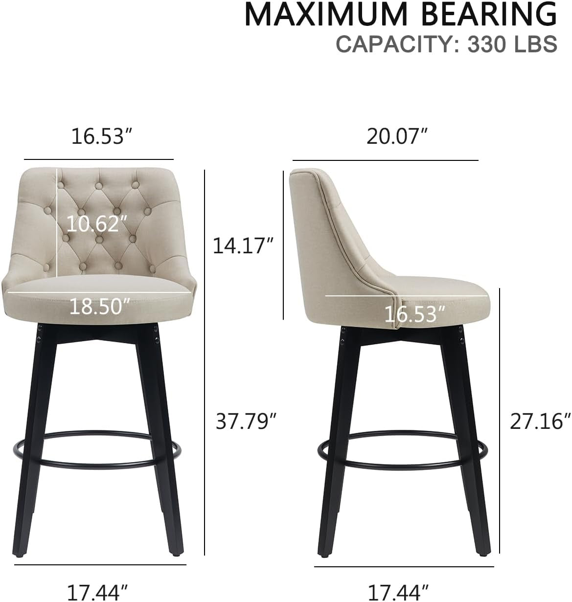 Swivel Bar Stools Set of 4, Linen Counter Height Bar Stools with Back, Wooden Bar Stools for Kitchen Island, Upholstered Bar Stools (Beige)-1