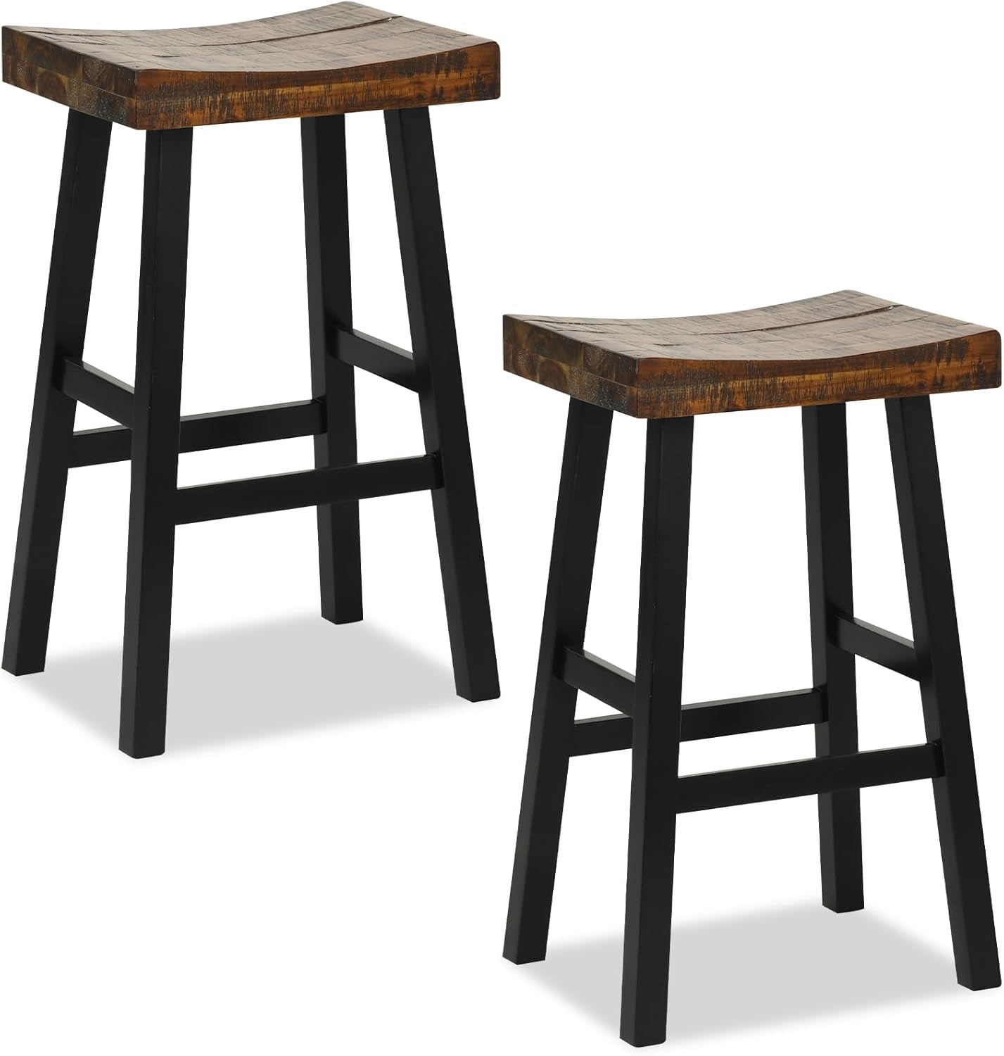 Bar Stools Set of 2, 29" Bar Height Saddle Stools, Bar Dining Chairs with Rubber Wood Frame & Footrest, Backless Barstools for Kitchen Island, Dining Room, Pub, Rustic Brown-0