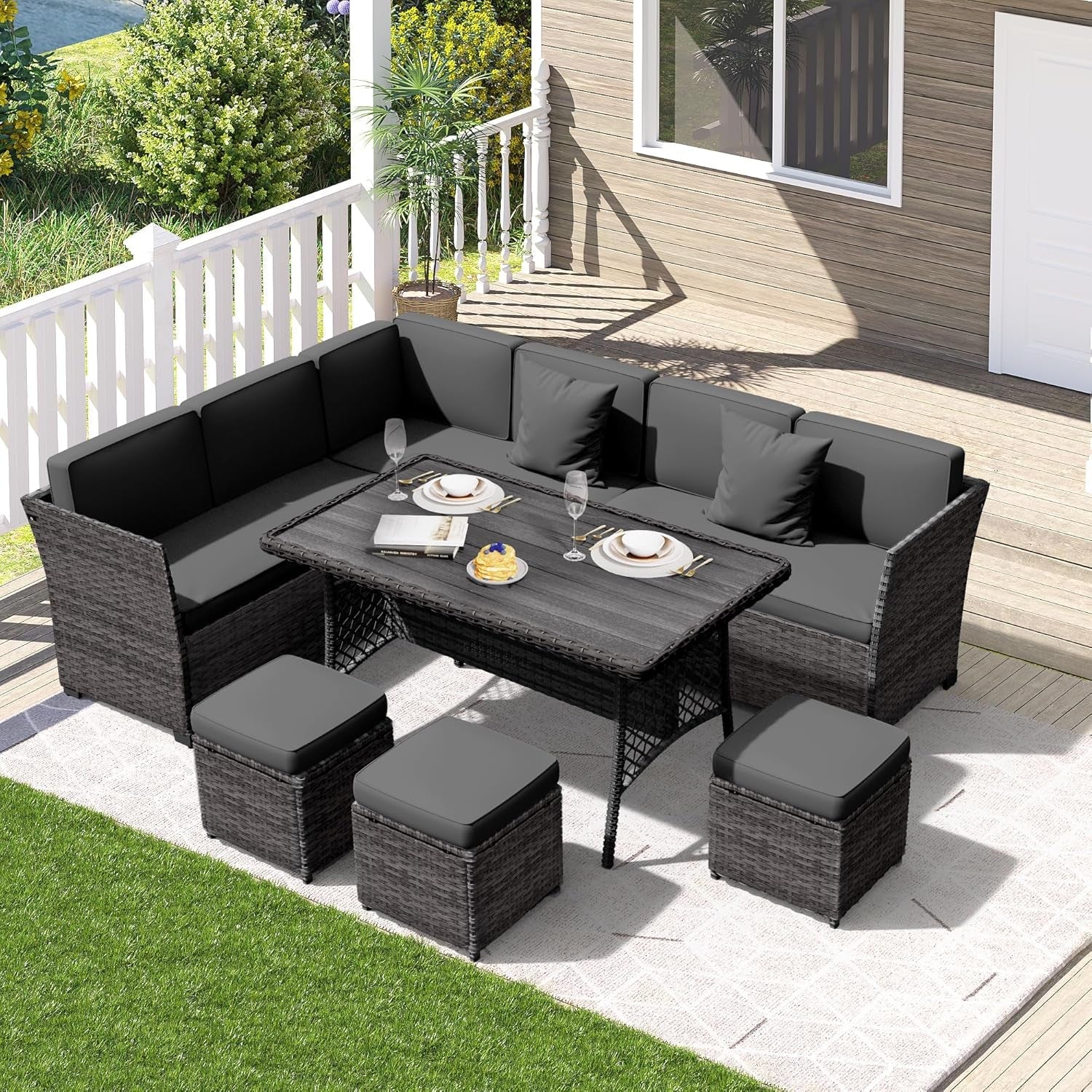 7 Pieces Patio Dining Sets, Patio Furniture Set, All Weather Wicker Conversation Set with Ottoman, Sectional Sofa with Dining Table and Chair (6227 Grey-Grey)-0