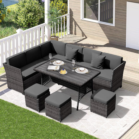 7 Pieces Patio Dining Sets, Patio Furniture Set, All Weather Wicker Conversation Set with Ottoman, Sectional Sofa with Dining Table and Chair (6227 Grey-Grey)-0