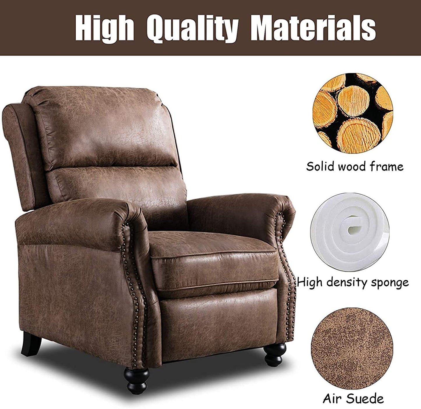 Pushback Recliner Chair, Leather, Rivet Decoration, Chocolate-4