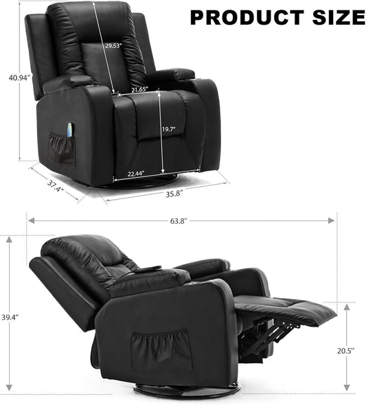 Recliner Chair, PU Rocking Chair for Adults, Swivel Recliner with Cup Holders, Heat and Massage, Single Sofa Seat with Side Pockets for Living Room, Bedroom (Black)-1