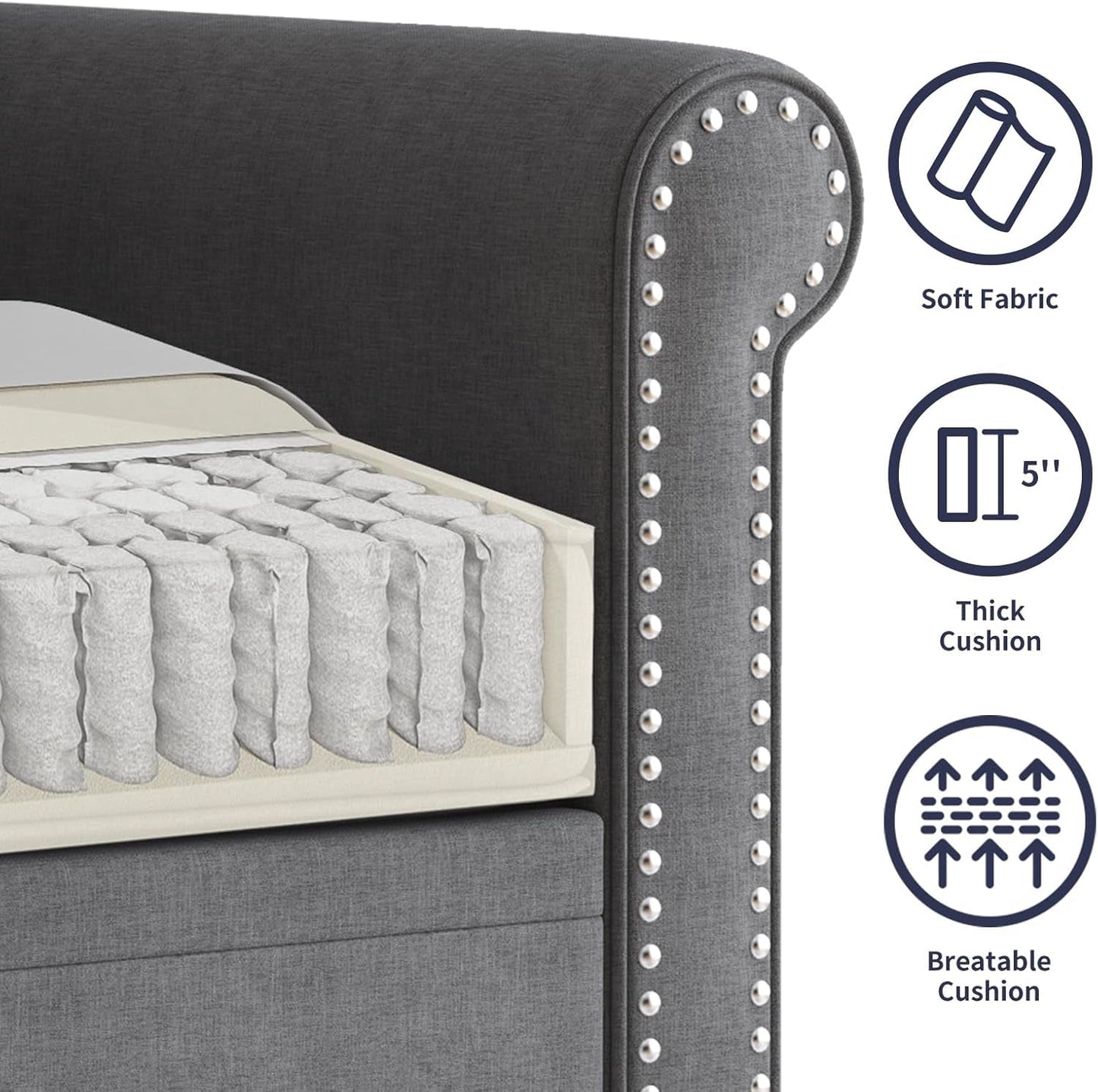 3-Piece Living Room Sectional Sofa Set,Modern Linen Upholstered Sofa with with 5" Thicken Cushion & Nailhead Trim, Living Room Furniture Set- Armchair Loveseat and 3 Seat Sofa(Dark Gray)-4