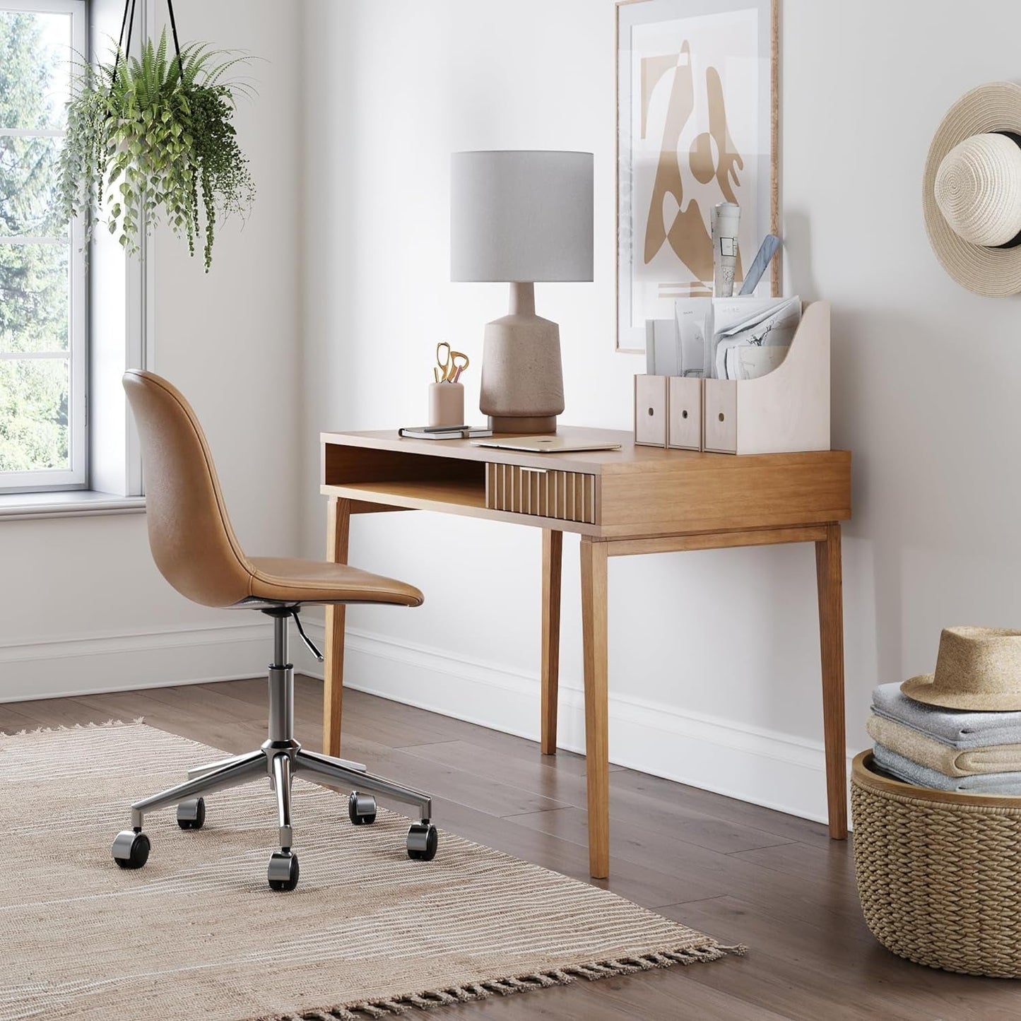 Jasper Small Home Office Desk with Storage, Bohemian Writing Desk with Drawer and Open Cubby, Natural Brown-2