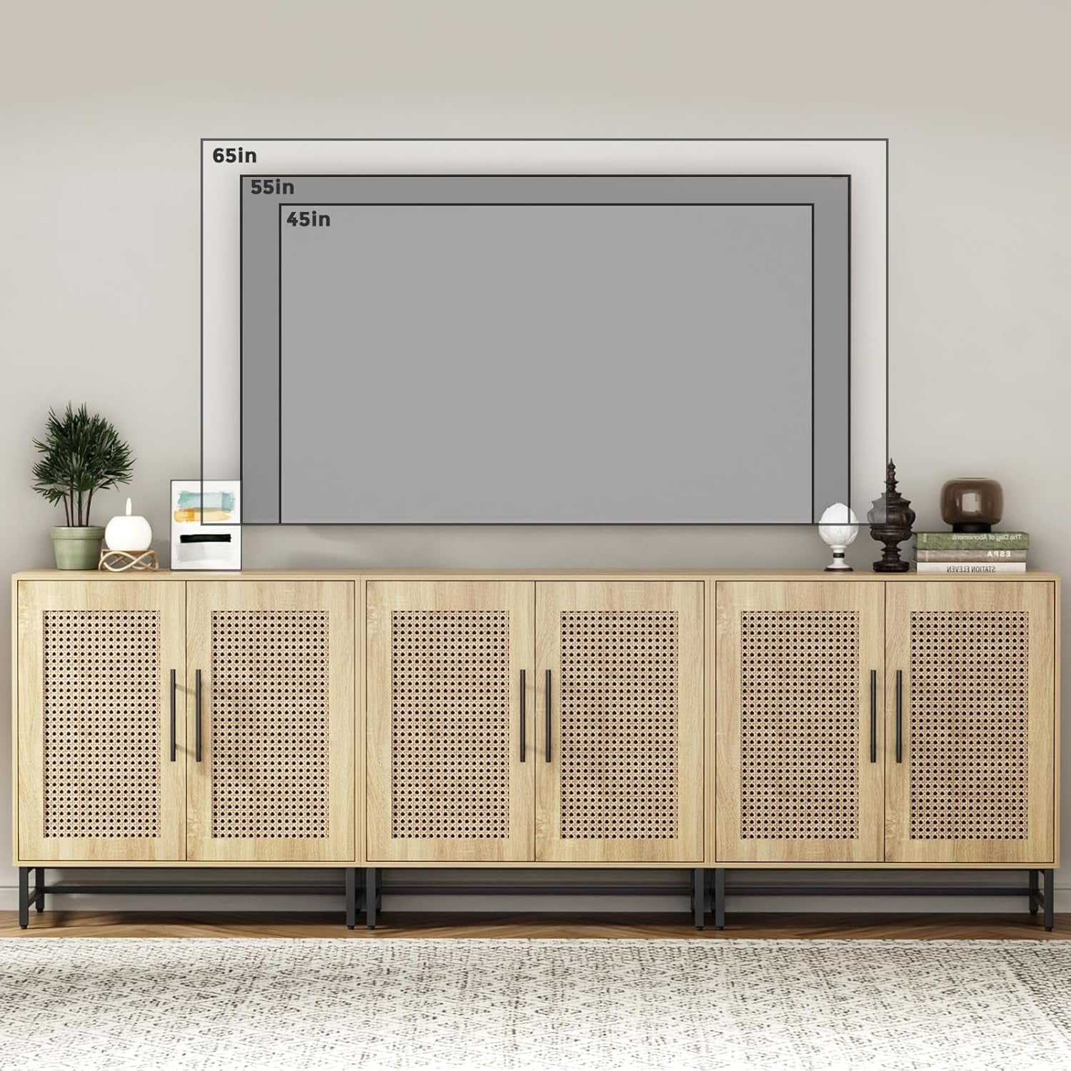 Natural Rattan Buffet Cabinet Modern Sideboard Storage Wood-4