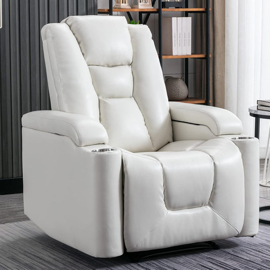 White Power Recliner Chair Electric Home Theater Seating Soft Leather Movie Chair for Living Room Overstuffed Single Reclining Sofa with Hidden Arm Storage, Cup Holders and USB Ports (Cream White)-0