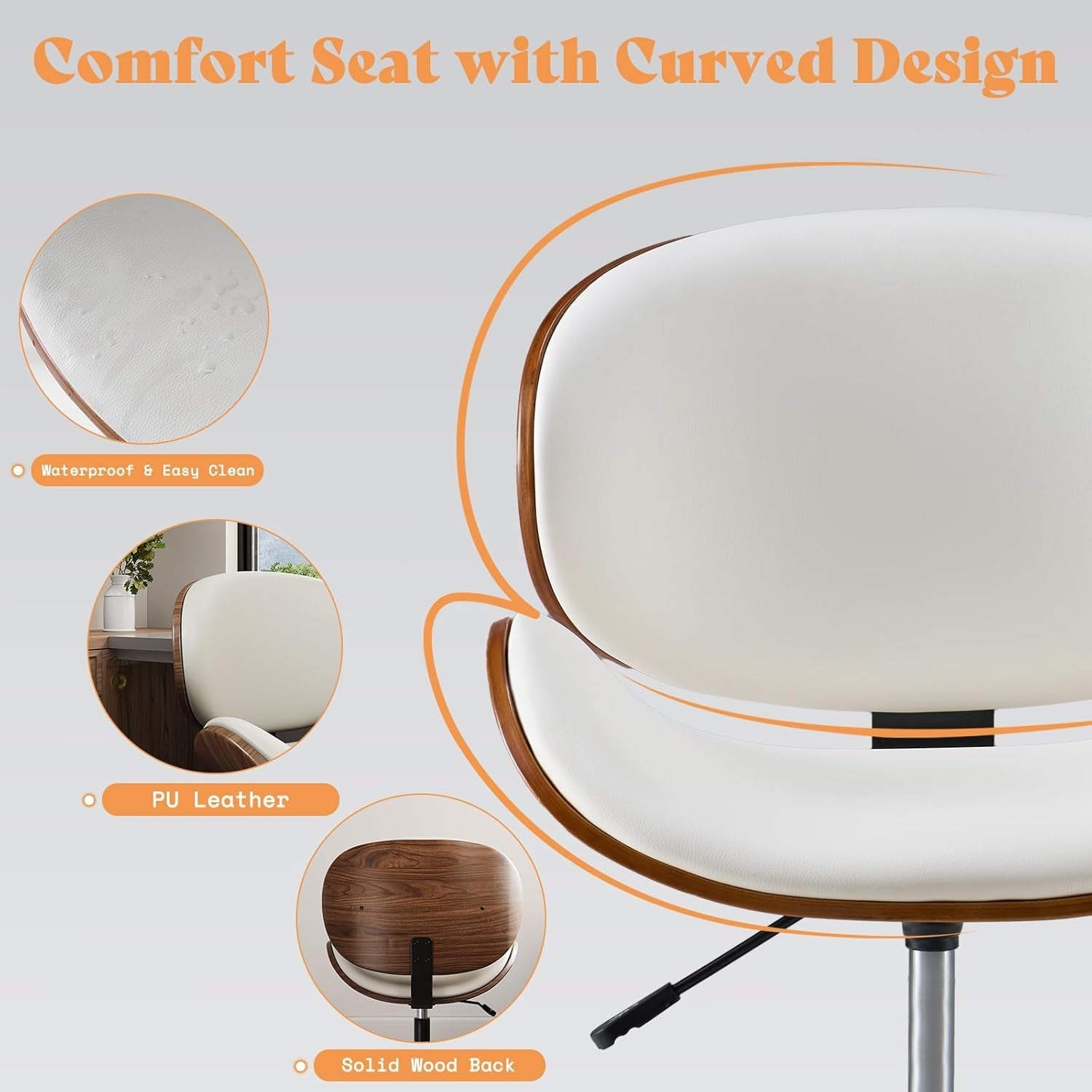 Home Office Chair Set of 2, PU Leather Desk Chair, Modern Swivel Chair with Curved Back, Armless Desk Chair with Wheels for Home Office, White-3
