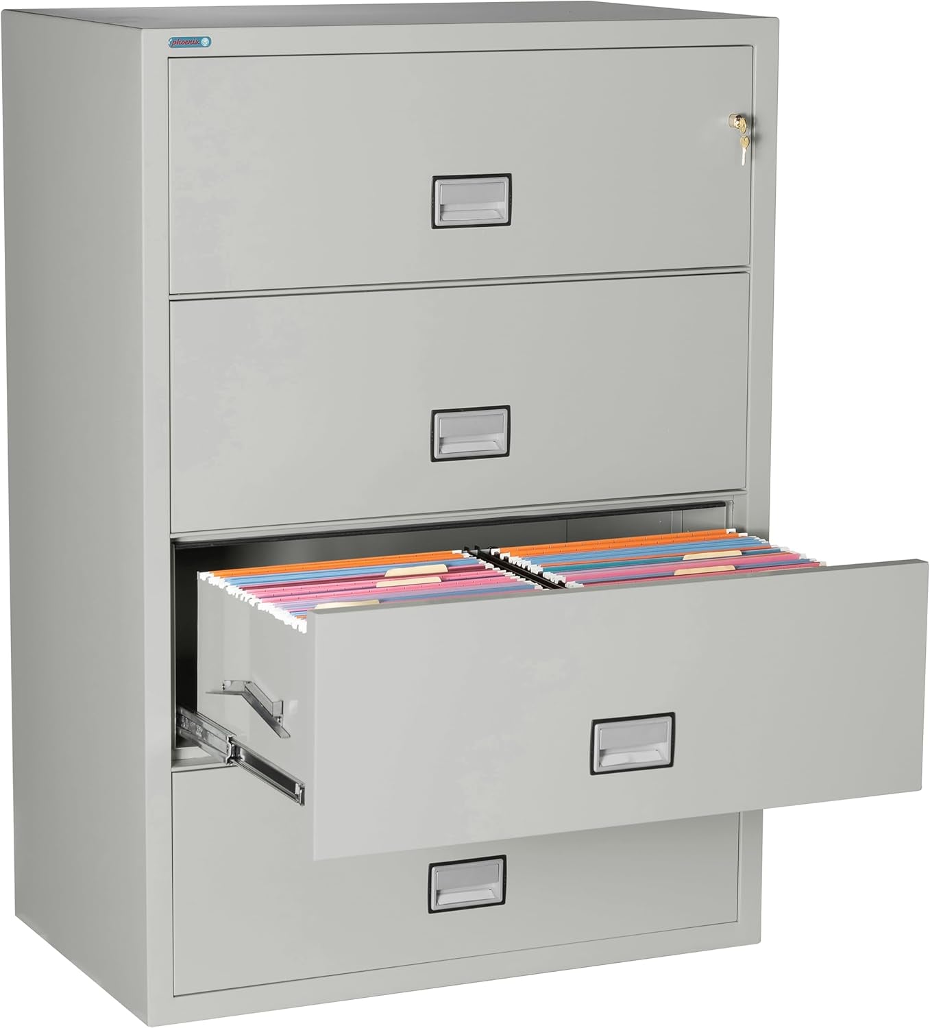 Lateral 38 Inch 4-Drawer Fireproof File Cabinet with Key Lock, Water Seal, Light Gray,-3