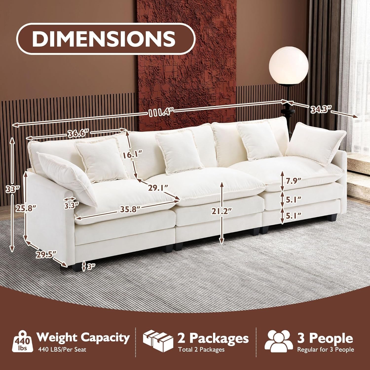 111.4 Inch 3-Seater Cloud Sofa, Modular Sectional Couch, Modern Deep Seat Sofa for Living Room, Comfy Double Layer Upholstered Seat Cushion, Breathable Chenille Fabric, Beige-4