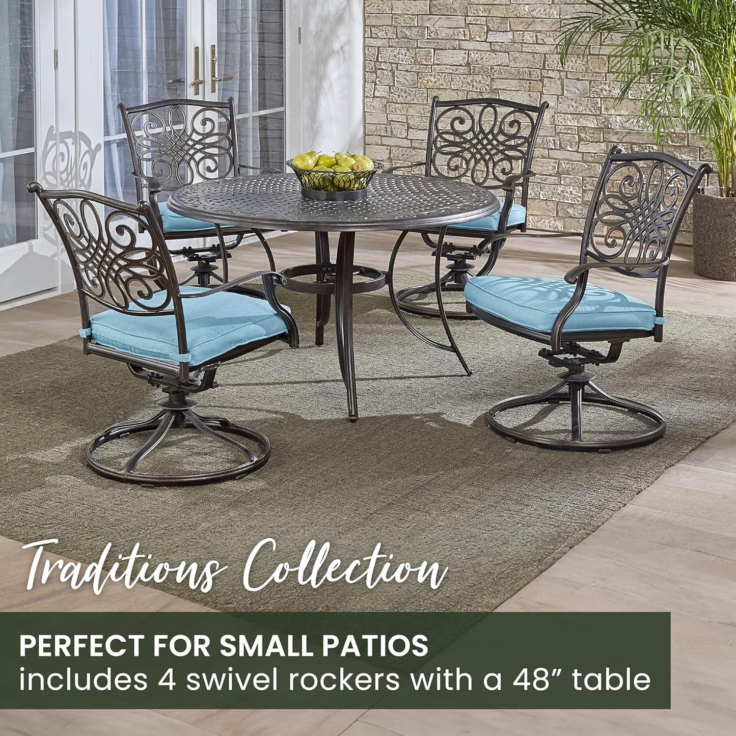 Traditions 5-Piece Rust Resistant Aluminum Patio Dining Set with Blue Cushions, Swivel Rockers and Aluminum round Dining Table, Outdoor Dining Set for 4-4