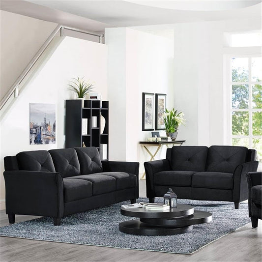 2-Piece Polyester Microfiber Fabric Upholstered Sofa Set with 78" W Sofa & 56" W Loveseat, Curved Arms, Sturdy Wood Frame & Legs, Tufted Back Cushions, in Black Finish-1