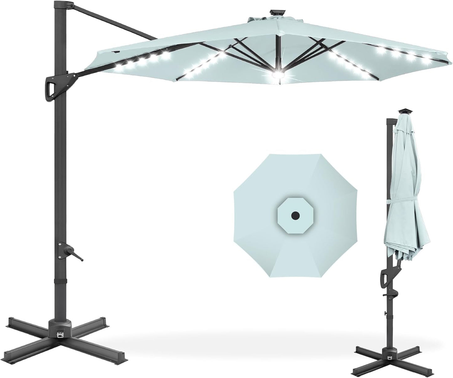 10Ft Solar LED Cantilever Patio Umbrella, 360-Degree Rotation Hanging Offset Market Outdoor Sun Shade for Backyard, Deck, Poolside W/Lights, Easy Tilt, Cross Base-0