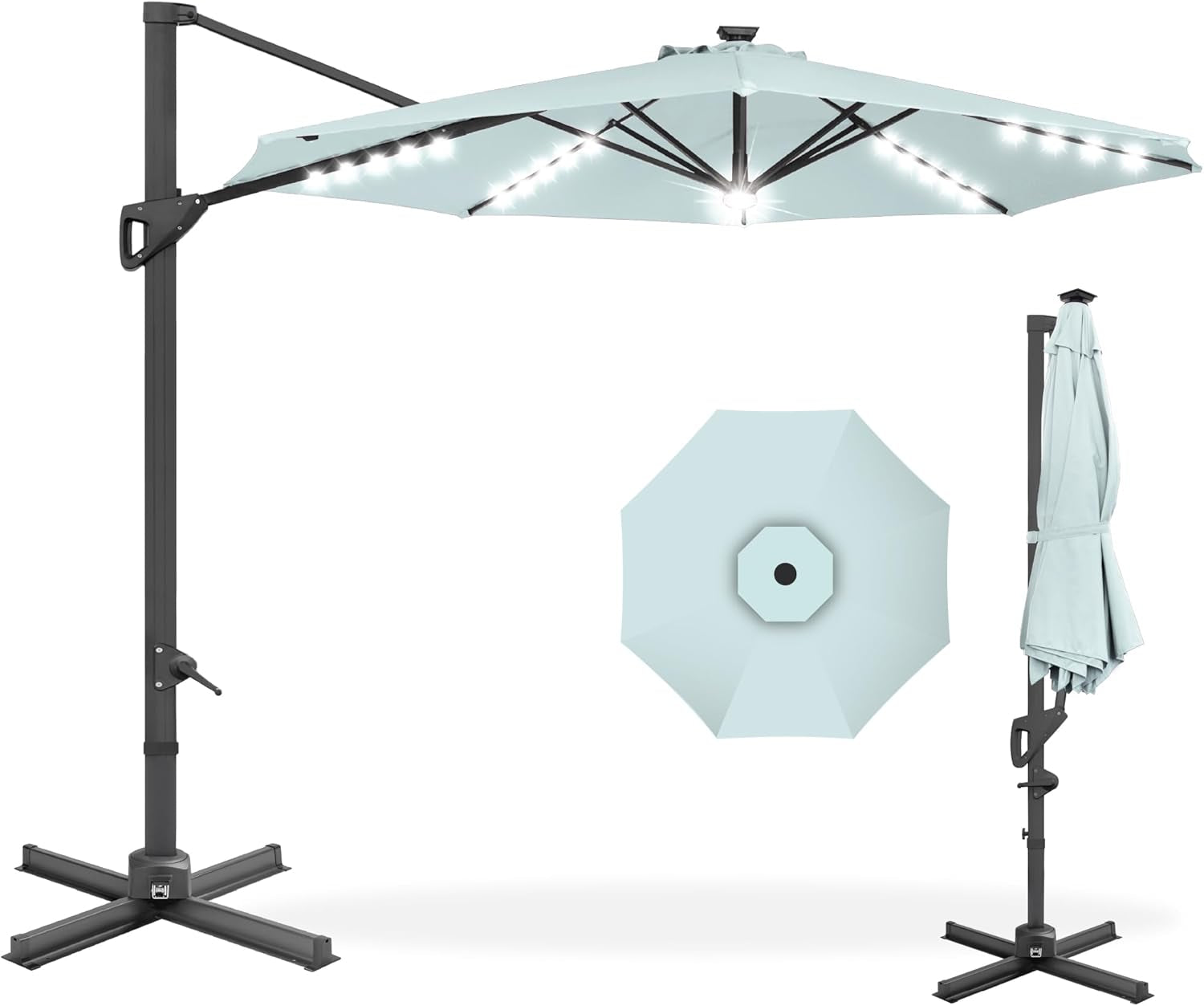 10Ft Solar LED Cantilever Patio Umbrella, 360-Degree Rotation Hanging Offset Market Outdoor Sun Shade for Backyard, Deck, Poolside W/Lights, Easy Tilt, Cross Base-0