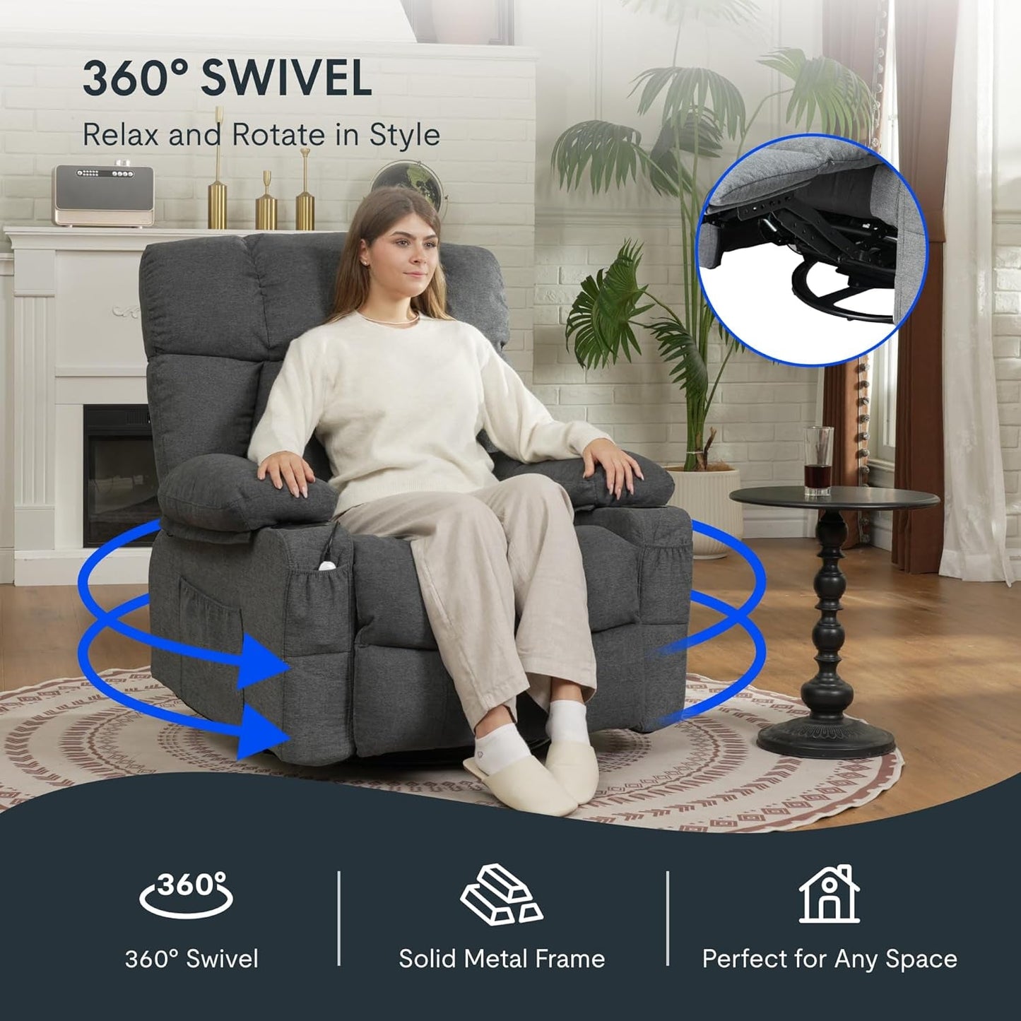 XRC3 Rocker Recliner Chair for Adults W/Massage & Heat, 360° Swivel Recliner Chair W/Cup Holders, USB Port, Manual Glider Rocking Chair for Living Room Nusery, Gray-2