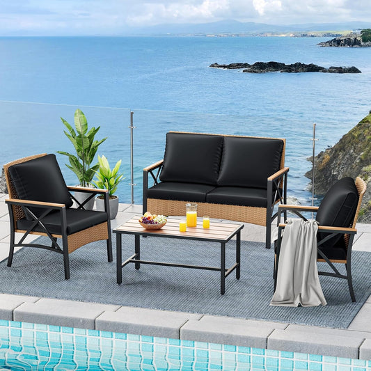 4-Piece Patio Wicker Furniture Set with Wood Armrest, All Weather Rattan Conversation Furniture Sets for Backyard, Balcony, Deck W/Soft Cushions and Plastic Wood Table (Light Brown+Black)-1