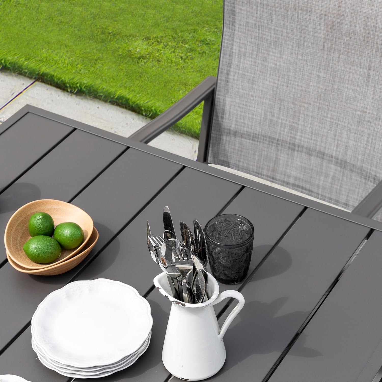 Outdoor Patio Dining Set 5 Piece Furniture Set Including Square Outdoor Dining Table with 1.57" Umbrella Hole and 4 Gray Textilene Chairs for Garden, Patio and Poolside Backyards-2