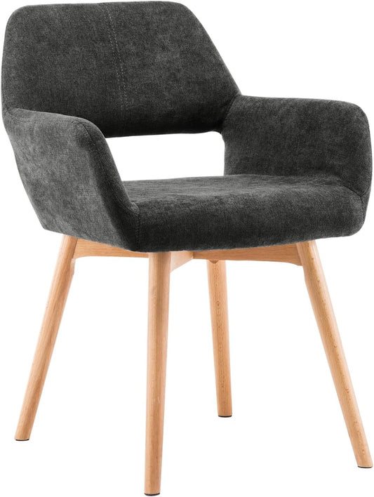 Desk Chair No Wheels Vanity Chair Makeup Chair Comfy Accent Chair for Living Dining Room Bedroom Home Office Mid Century Modern Upholstered Armchair with Wood Legs (Charcoal, 1)-0